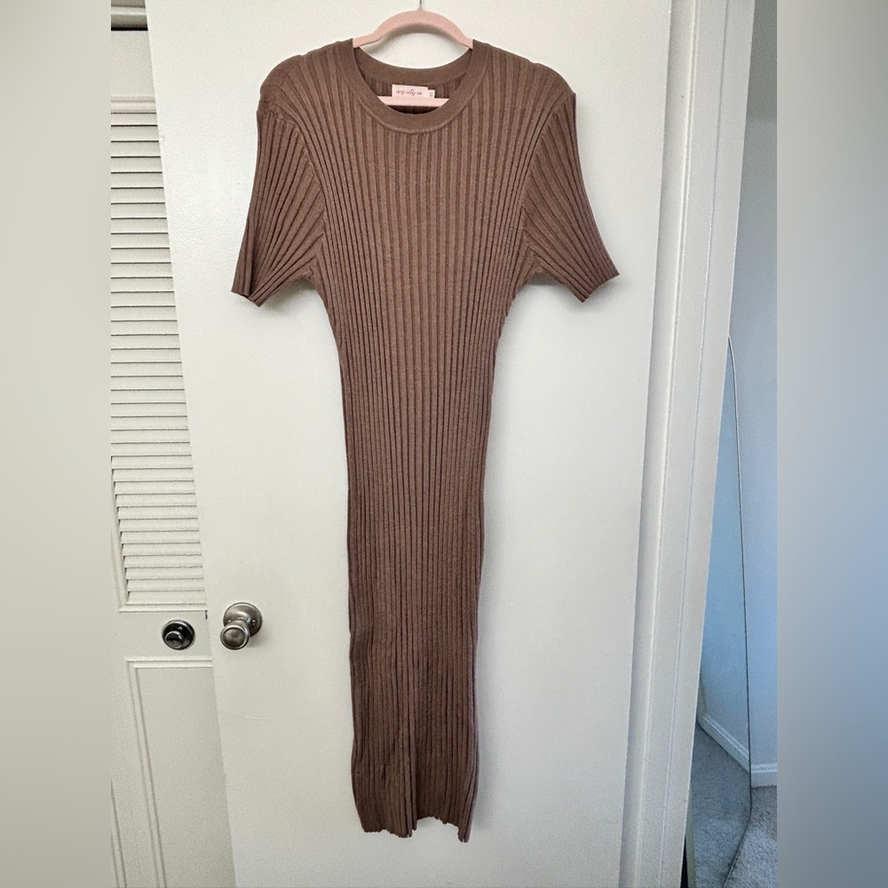 Ivy City Alexia Dress - Ribbed Knit Brown Midi Dress - Women
